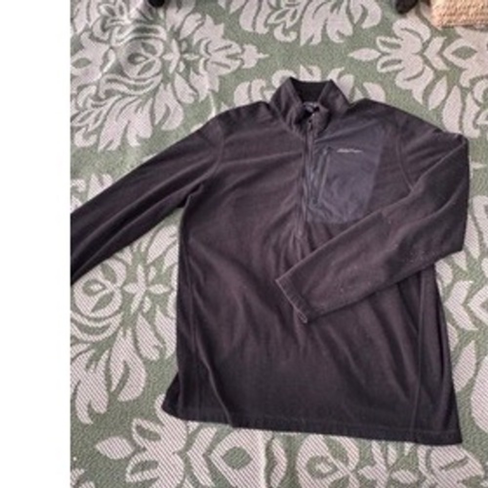 Eddie Bauer Mens Tall XL Black Quarter Zip Fleece Pullover Chest Pocket Sweater